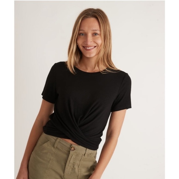 Marine Layer Black Lexi Rib Front Twist Top Short Sleeve Crop Tee - Picture 1 of 12